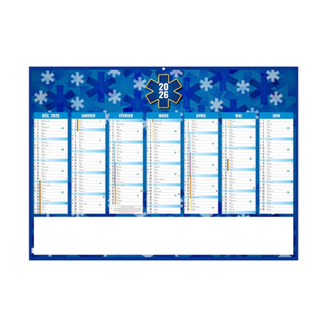 Face recto du calendrier ambulancier 2026 avec grille de décembre à juin