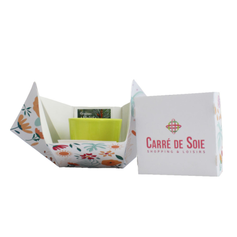 Kit ouvert vu de face, pot vert et sachet inséré, emballage décoré visible.