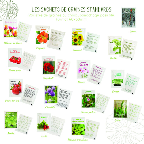 Planche de sachets de graines standards illustrés avec visuels et textes descriptifs.