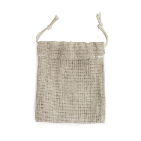 Pochon en toile de jute beige présenté à plat et vide, sans personnalisation.