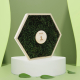 Cadre hexagonal en liège garni de mousse verte avec élément bois rond fixé au centre, marquage visible. Cadre hexagonal en liège garni de mousse verte avec élément bois rond fixé au centre, marquage visible.