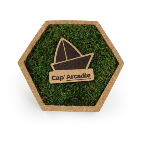 Cadre hexagonal en liège rempli de mousse verte avec élément bois en forme de voilier fixé au centre, marquage visible.
