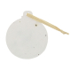 Disque rond en papier blanc moucheté avec lien en raphia noué, sans personnalisation visible.