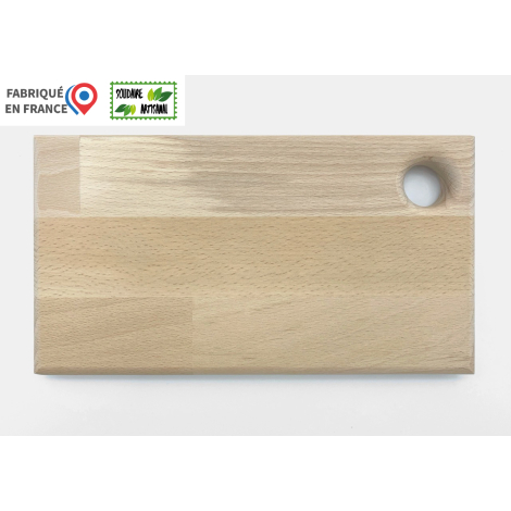 Planche à découper rectangulaire en bois clair taille S, photographiée de face sur fond blanc, avec trou circulaire dans un angl