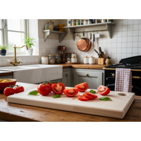 Planche rectangulaire en bois clair taille L, photographiée en situation sur un plan de travail, avec trou circulaire dans un an