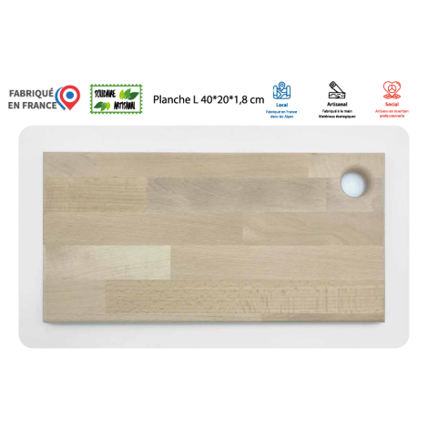 Planche rectangulaire en bois clair taille L, vue de face sur fond blanc, avec trou circulaire dans un angle, éléments graphique