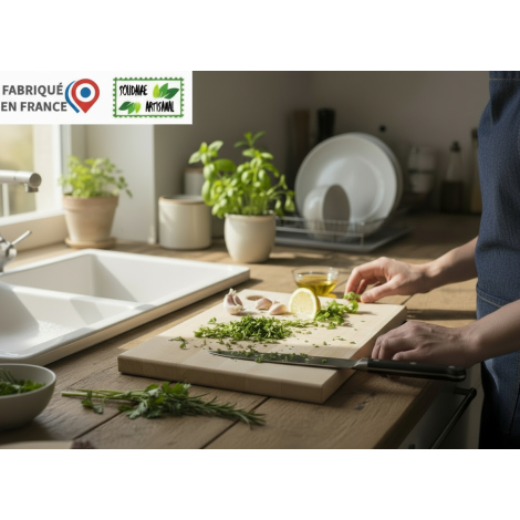 Planche rectangulaire en bois clair taille L, photographiée en situation sur un plan de travail, avec trou circulaire dans un an