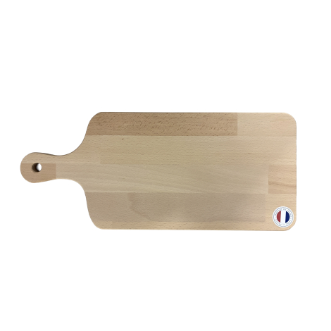 Planche rectangulaire en bois clair avec manche intégré et trou de suspension, photographiée de face sur fond blanc, autocollant