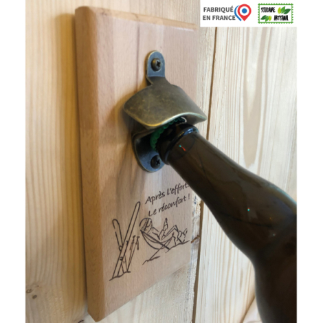 Décapsuleur mural publicitaire en bois fabriqué en France