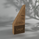 Trophée en bois de hêtre massif sur mesure, forme verticale asymétrique avec sommet incliné, présenté de face sur fond neutre, s