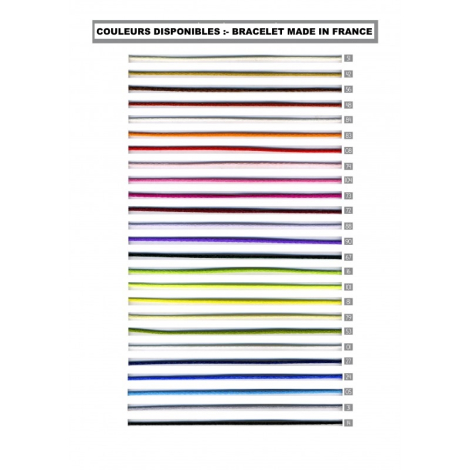 Visuel présentant les différentes couleurs de cordons disponibles pour le bracelet en bois fabriqué en France, cordons alignés h