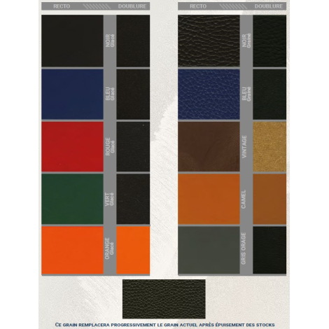 Nuancier de matières en cuir régénéré présenté sous forme de carrés, montrant différentes couleurs et aspects de surface pour le