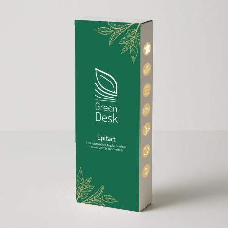 Emballage rectangulaire vertical des semelles Epitact, de couleur verte, avec éléments graphiques et informations imprimées visi