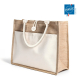 Sac en toile de jute en vue trois quarts avec poche écrue, anses assorties et bouton central. Sans marquage visible.