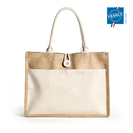 Sac de face en toile de jute avec empiècement écru, anses écrues et bouton centré. Sans personnalisation apparente.