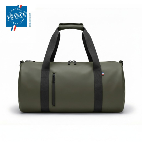 Sac de sport vert foncé de face avec anses noires et double fermeture zippée. Sans marquage apparent.