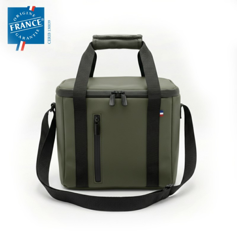 Sac isotherme vert foncé de face avec anses noires, poignée centrale et bandoulière amovible. Sans marquage visible.