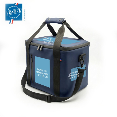 Sac isotherme bleu en perspective avec encarts indiquant des zones de personnalisation sur plusieurs faces. Personnalisation vis