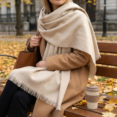 Écharpe beige clair en coton biologique portée en extérieur avec franges