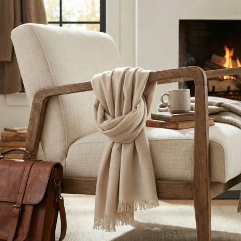 Écharpe coton biologique beige clair posée sur fauteuil avec franges