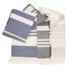 Trois foutas rayées bleu blanc gris blanc et beige blanc pliées