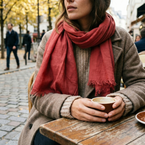 Chèche rouge en coton porté en extérieur avec franges