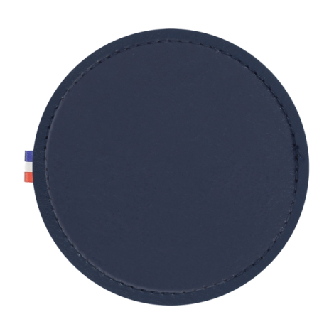 Sous-verre bleu foncé avec coutures apparentes et étiquette tricolore sans marquage