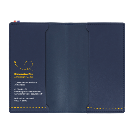 Porte carte grise bleu foncé ouvert avec volets et marquage intérieur gauche et droit