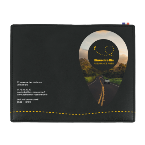 Porte carte grise noir ouvert avec volets intérieurs et marquage gauche et droit