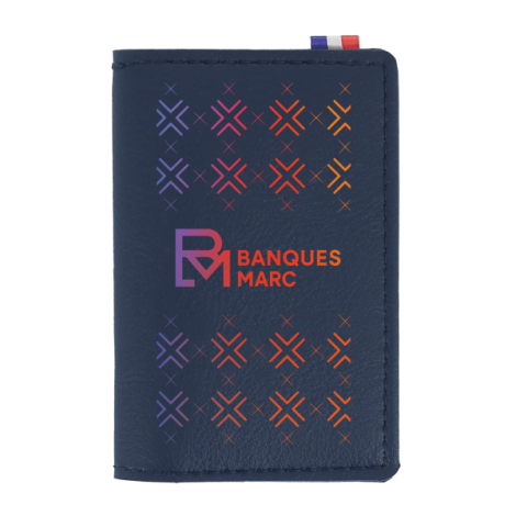 Porte-cartes bleu foncé avec marquage couvrant la face avant