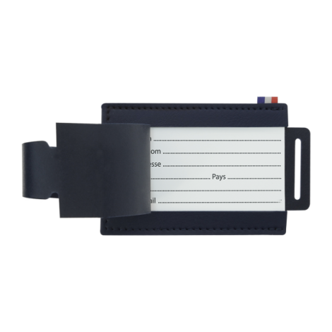 Étiquette bagage bleu marine ouverte avec carte identification visible