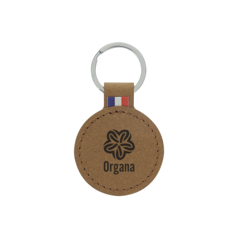 Porte-clés rond marron clair avec marquage noir contrasté