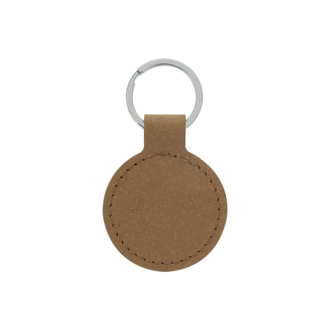 Porte-clés rond marron clair vue dos avec coutures et attache métallique