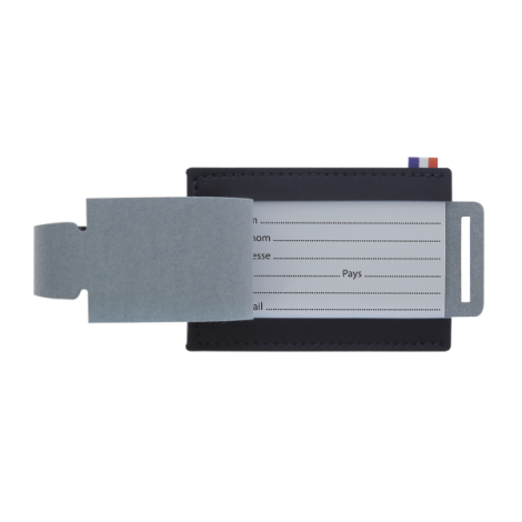 Étiquette bagage bleu foncé ouverte avec carte intérieure visible