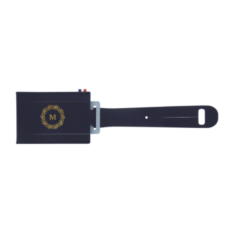 Étiquette bagage bleu foncé avec personnalisation centrée