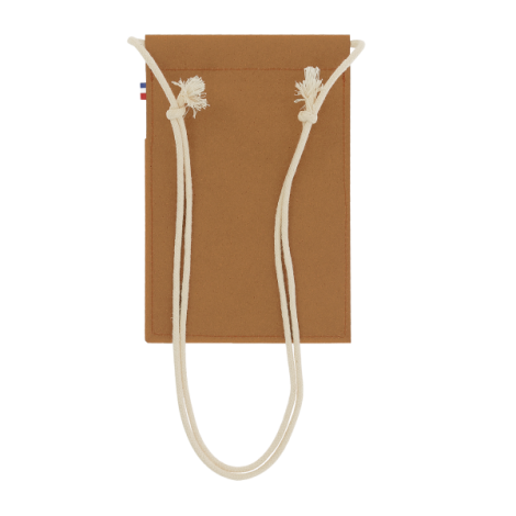 Pochette camel vue dos avec cordon blanc et coutures, sans marquage visible