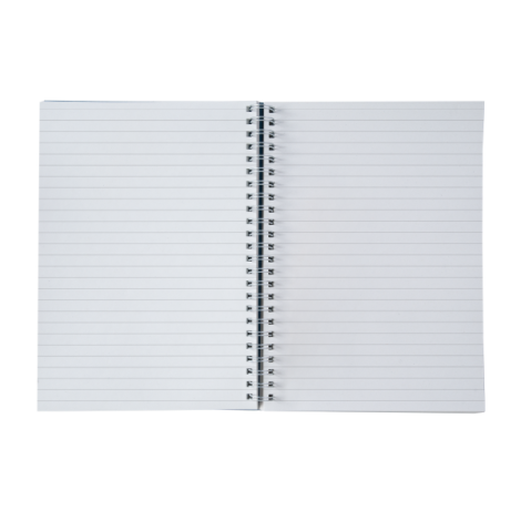 Carnet A5 spirale ouvert avec pages lignées et reliure centrale, sans marquage