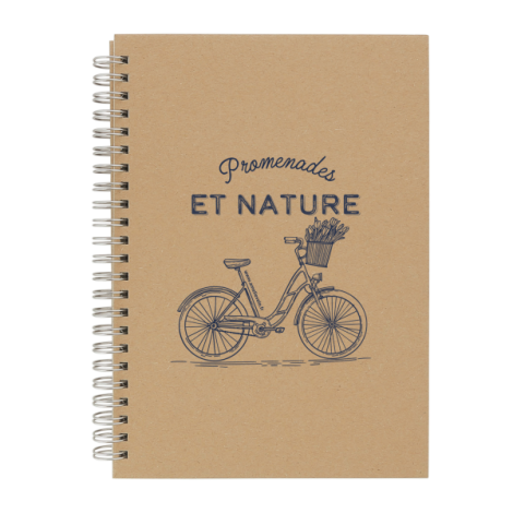 Carnet A5 kraft avec illustration vélo et texte en encre foncée