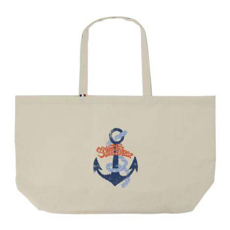 Tote bag XXL écru avec marquage ancre marine bleu centré