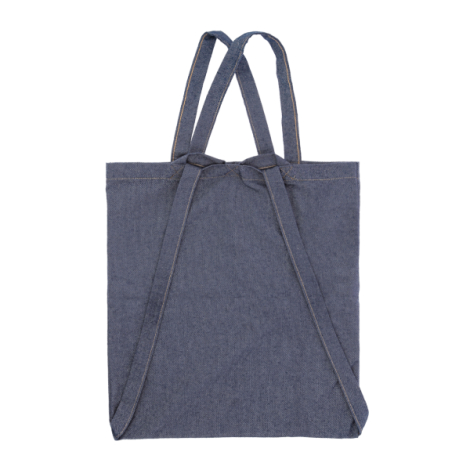 Tote bag à dos denim bleu vue arrière avec anses et coutures visibles