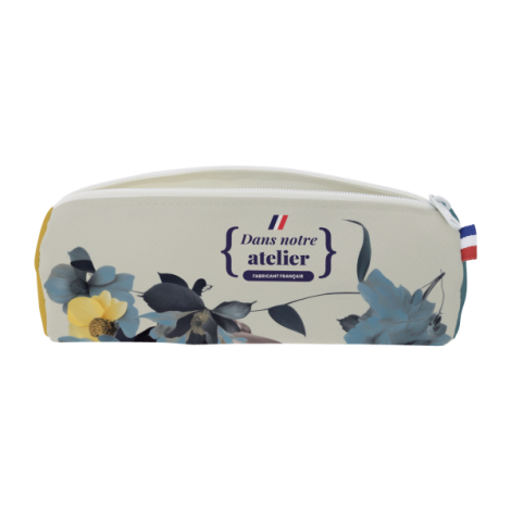 Trousse cylindrique blanche avec marquage floral bleu et jaune en sublimation