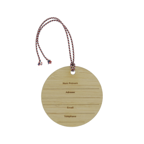 Étiquette bagage ronde bambou avec cordon tricolore et zones gravées coordonnées