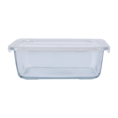Boîte repas verre vue angle montrant profondeur et contenance