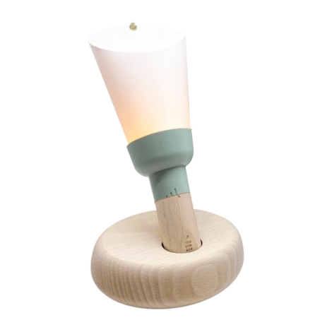 Lampe socle bois bague vert d’eau