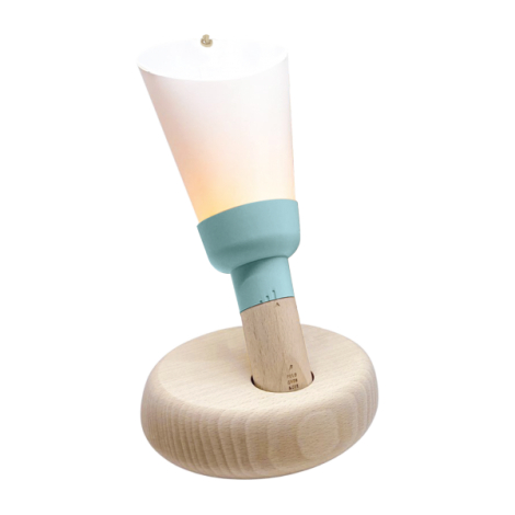 Lampe socle bois bague bleu clair