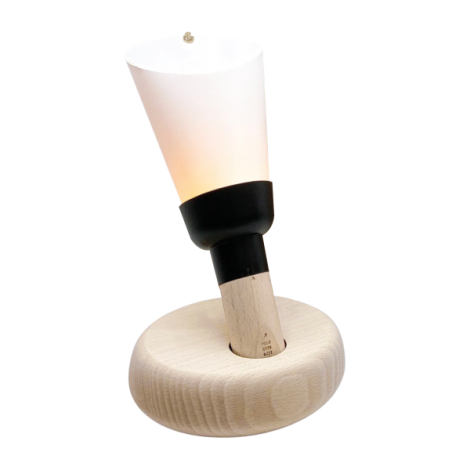 Lampe socle bois bague noire