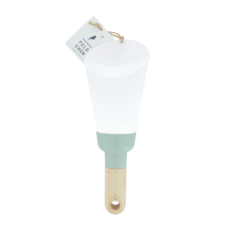 Lampe nomade bois bague vert pastel avec étiquette produit