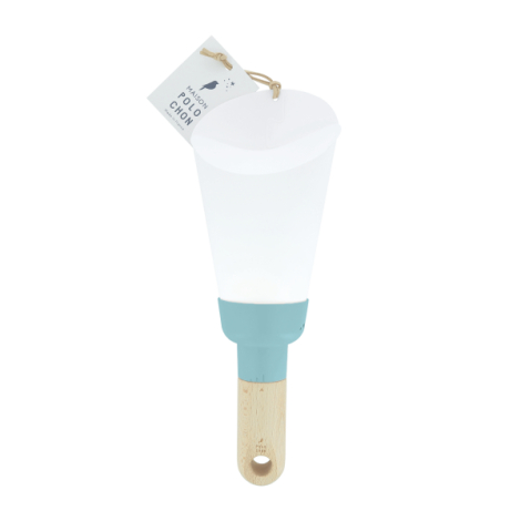 Lampe nomade bois bague bleu clair avec étiquette produit