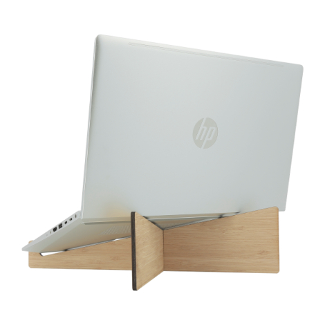 Support ordinateur bambou avec ordinateur portable vue profil en situation