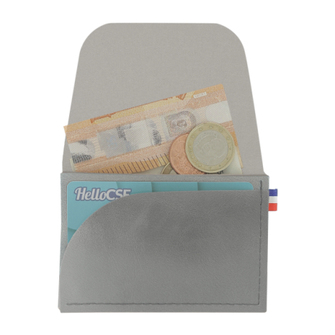 Porte-monnaie argenté ouvert avec billets pièces et carte visibles
